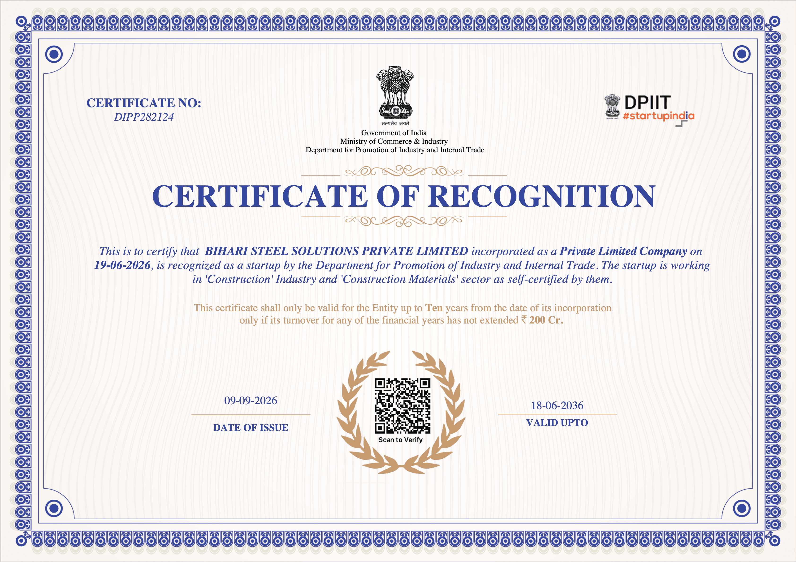 Startup India - Certificate of Recognition